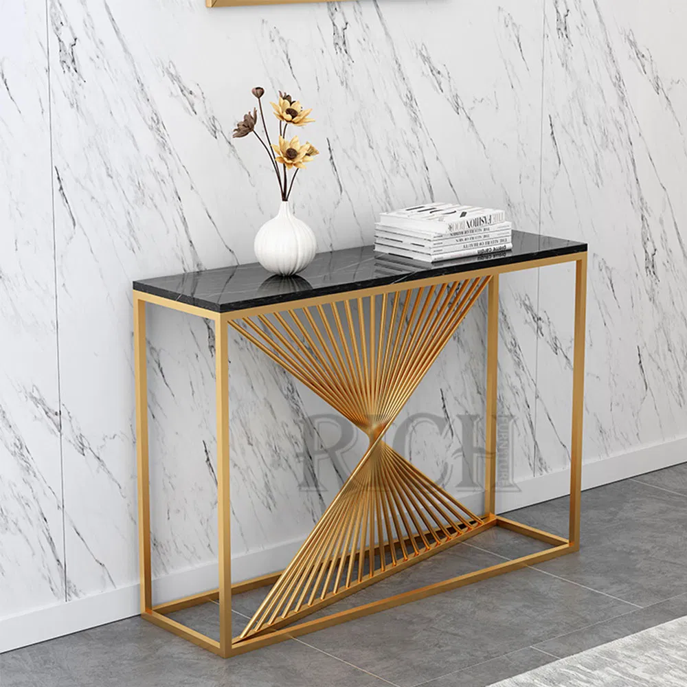 Mesa de Entrada de Mármore Branco com Estrutura de Metal Inoxidável Dourada