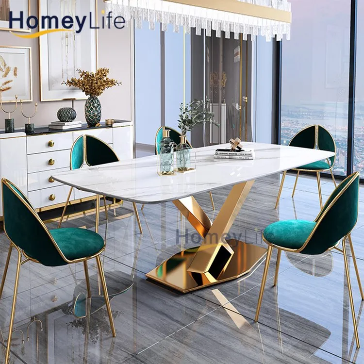 Conjunto de Mesa de Jantar de Luxo Italiana para Sala de Jantar Mesa Quadrada com Topo de Mármore
