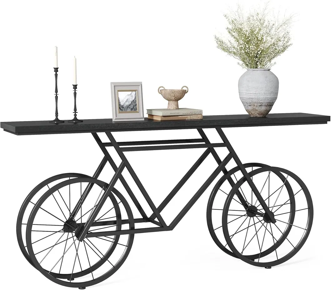 Mesa de Sofá Estreita de Design Preto para Bicicleta 70.9-Inch Mesa de Consola Extra Longa para Entrada