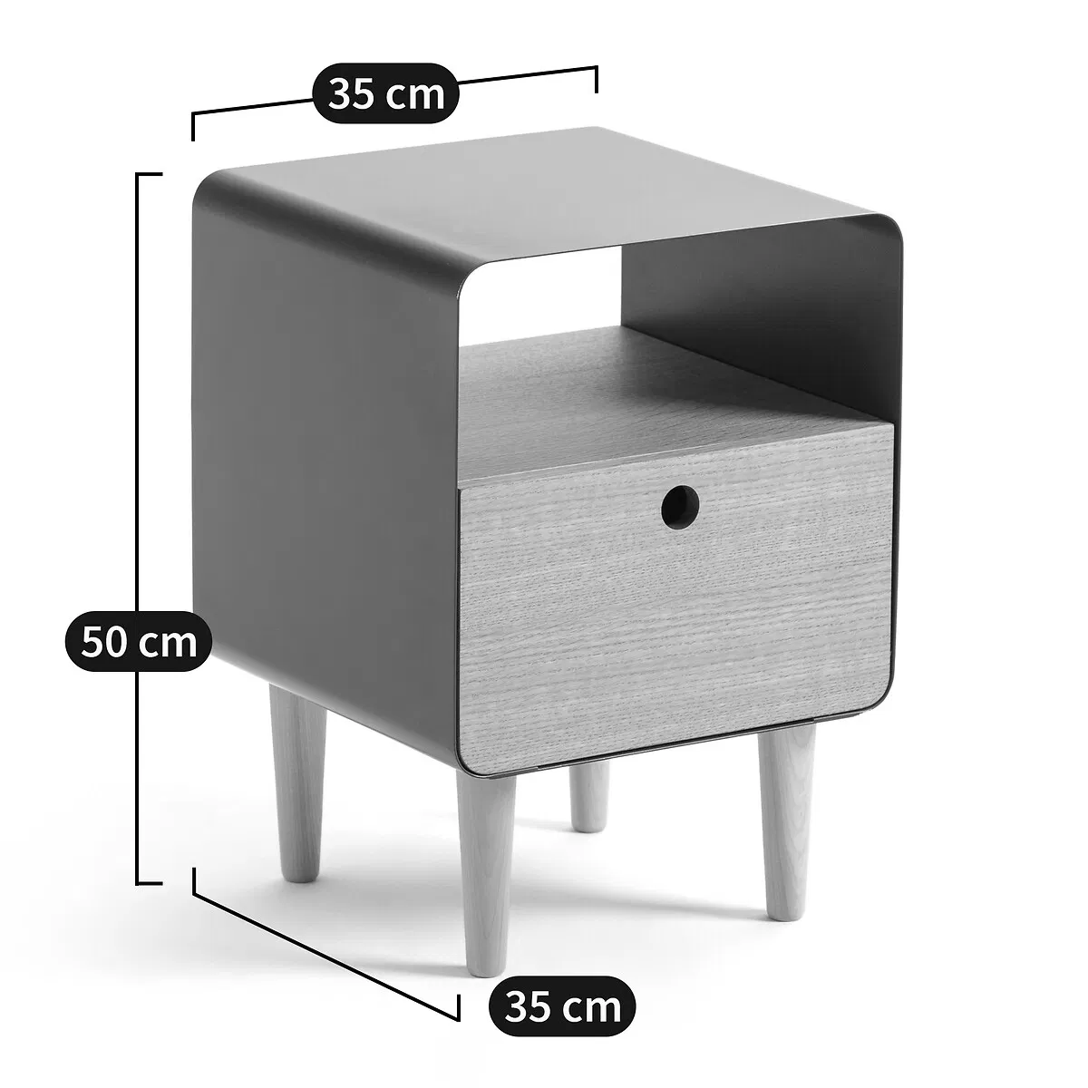 Mesa de cabeceira sólida em madeira nórdica com exterior metálico suave e compartimento para gaveta para sala de estar moderna