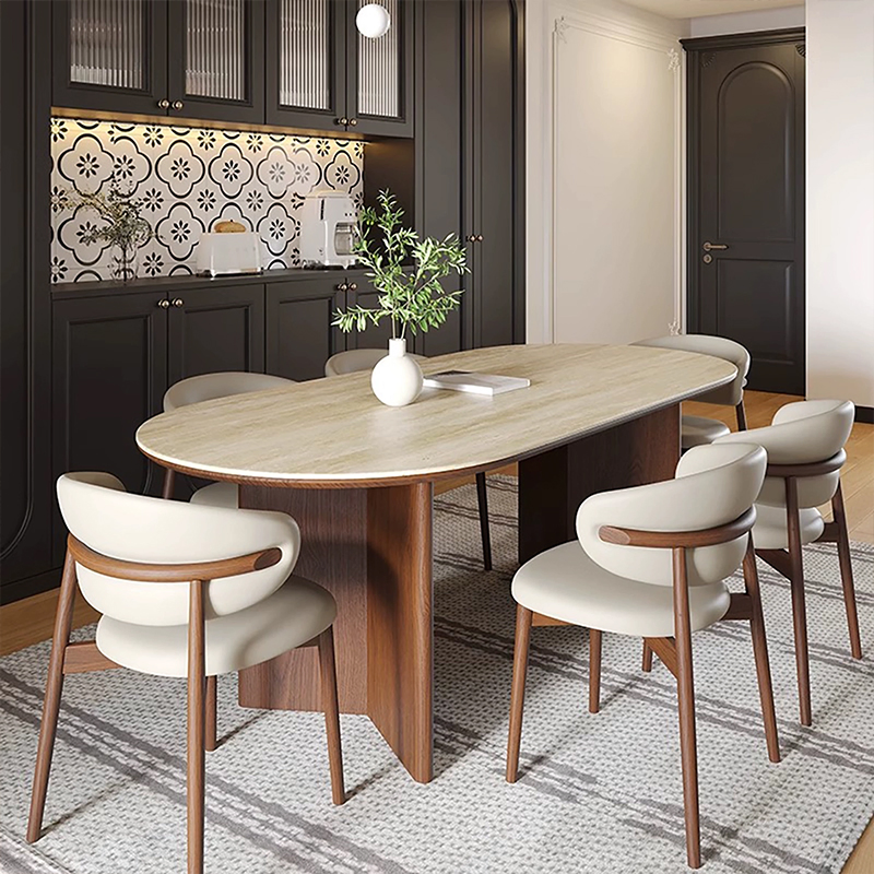Mesa de Jantar Moderna Escandinava Extensível em Madeira Sólida com Topo de Mármore