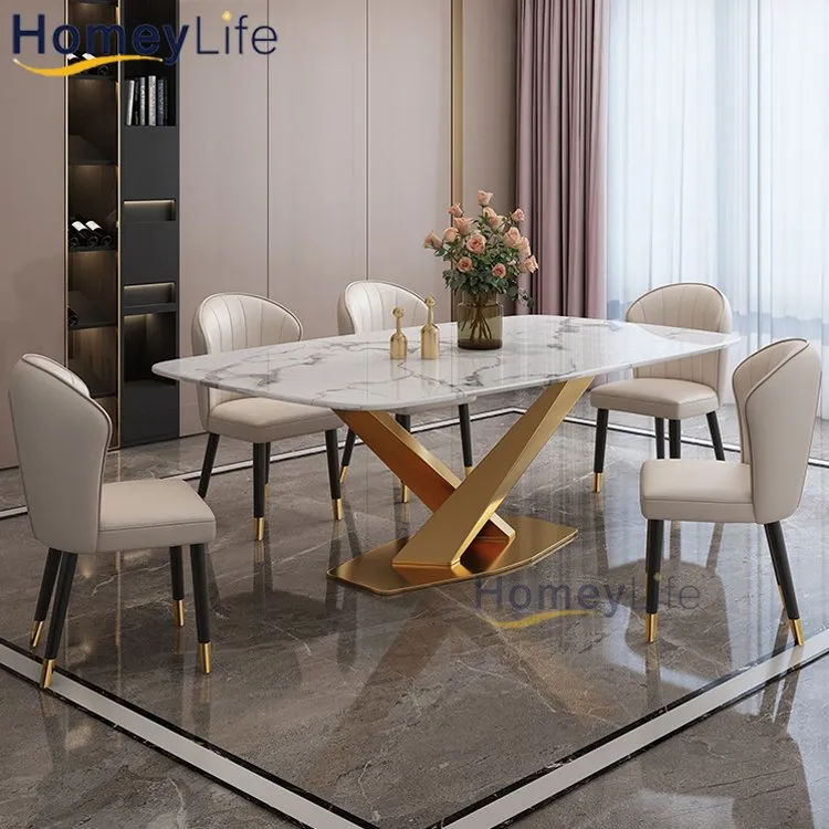 Conjunto de Mesa de Jantar de Luxo Italiana para Sala de Jantar Mesa Quadrada com Topo de Mármore