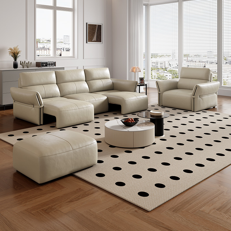 Sofá Cama Chaise Lounge em L de Couro Genuíno Marrom Minimalista com Reclinável