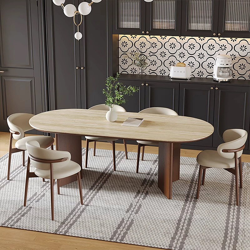 Mesa de Jantar Moderna Escandinava Extensível em Madeira Sólida com Topo de Mármore