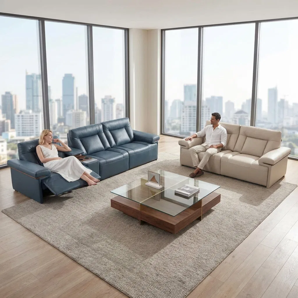 Sofá Recliner Elétrico de Couro Genuíno Contemporâneo 3 Lugares com Armazenamento no Console Ajustável por Energia para Sala de Estar Grande