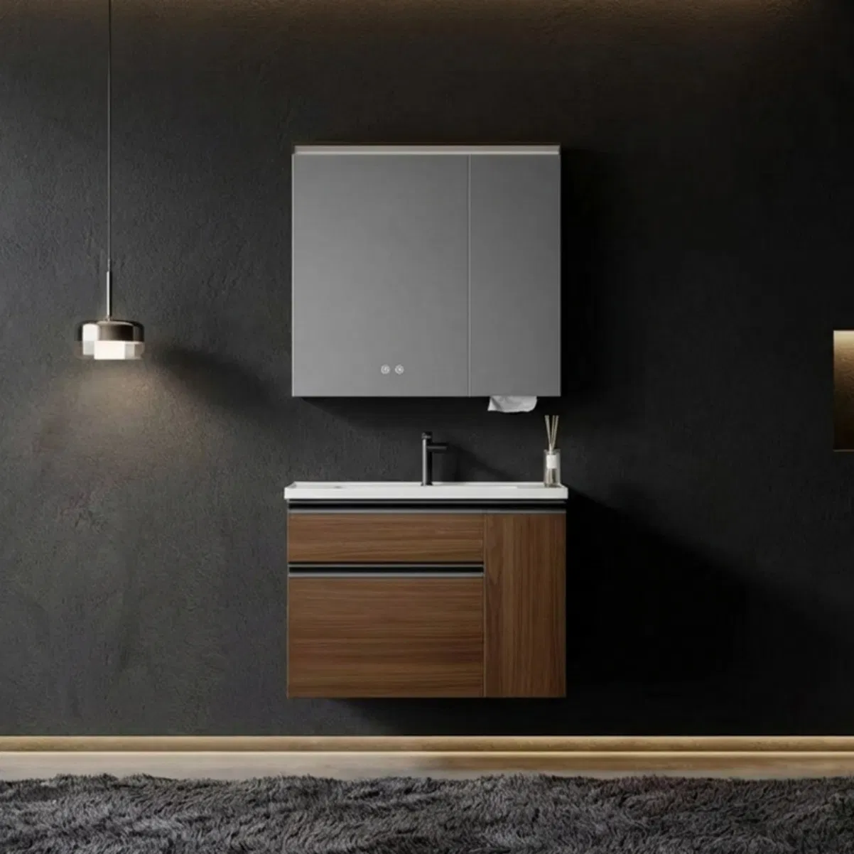 Vanidade de banheiro moderna de luxo estilo italiano montada na parede, venda quente de bacia integrada