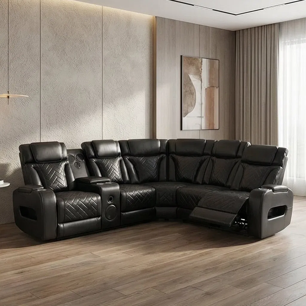 Venda Quente Sofá Recliner Elétrico Duplo em Couro Preto para Sala de Estar Sofás Seccionais de Luxo com Luz LED Apoio de Cabeça Ajustável Carregamento Sem Fio USB/Usc