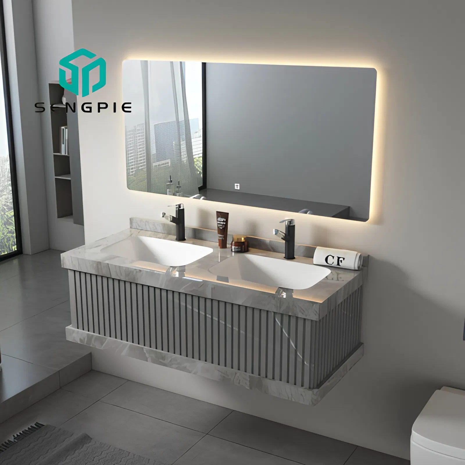 Vanidade de banheiro moderna de luxo com pias duplas, design individual, gabinete em pedra sinterizada com espelho