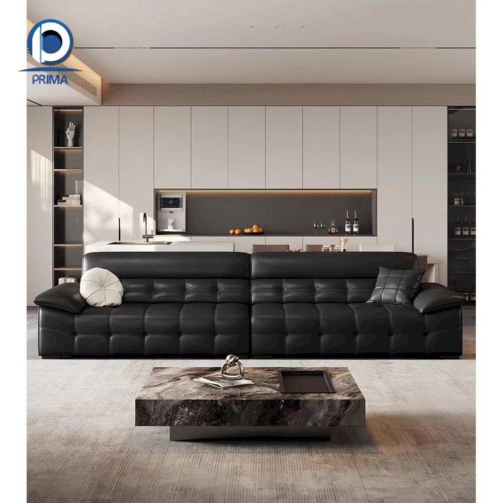 Sofá Seccional Cama Elétrica Modular em Couro Genuíno Preto Meia-Noite