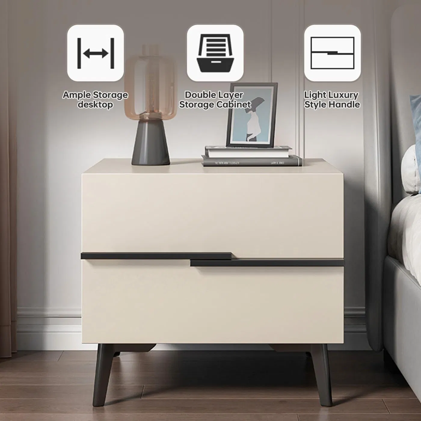 Mesa de cabeceira moderna e minimalista com puxadores elegantes e pernas afinadas para armazenamento eficiente