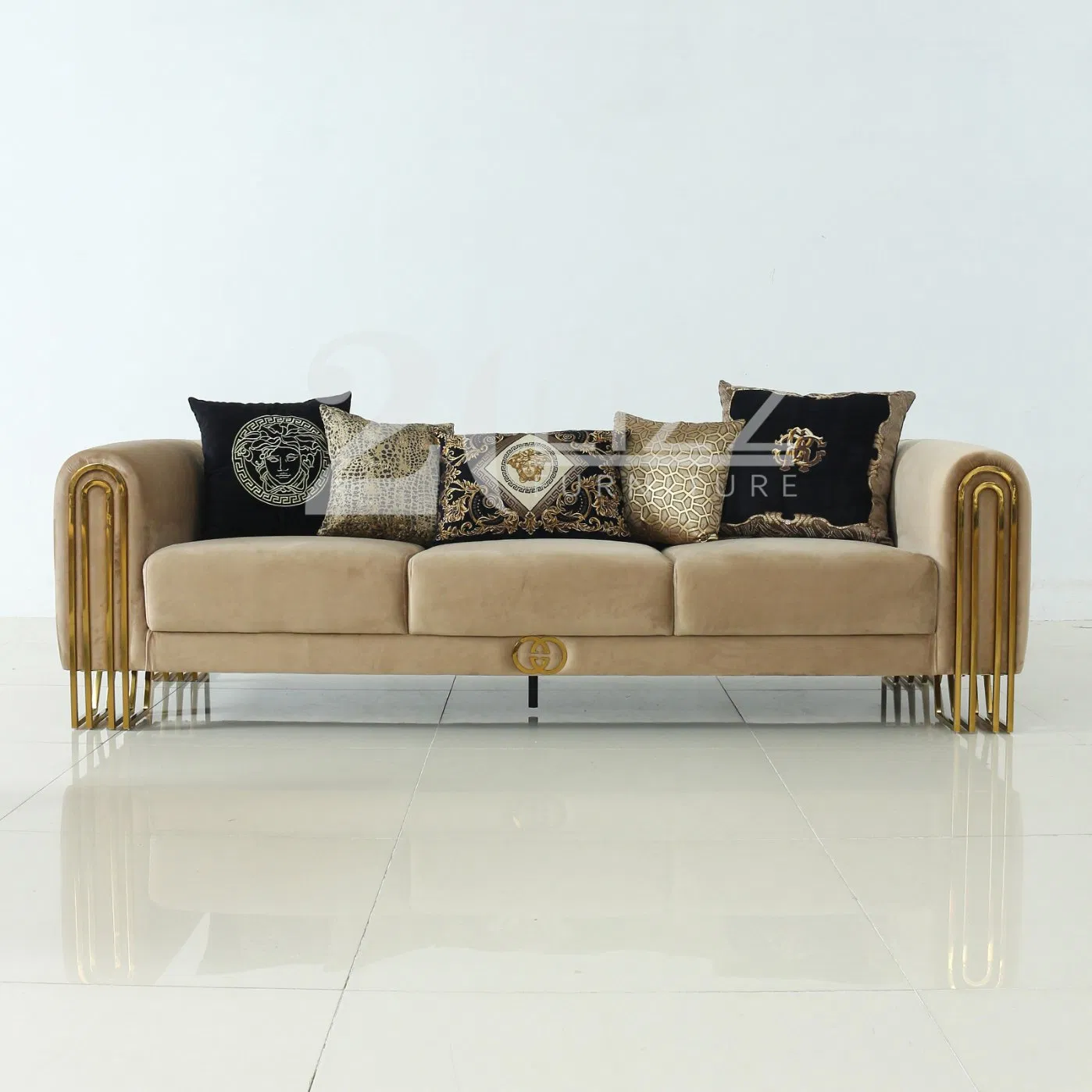 Conjunto de Sofá, Cadeira e Couch de Veludo para Sala de Estar de Luxo Moderno 1 2 3 com Pernas Douradas