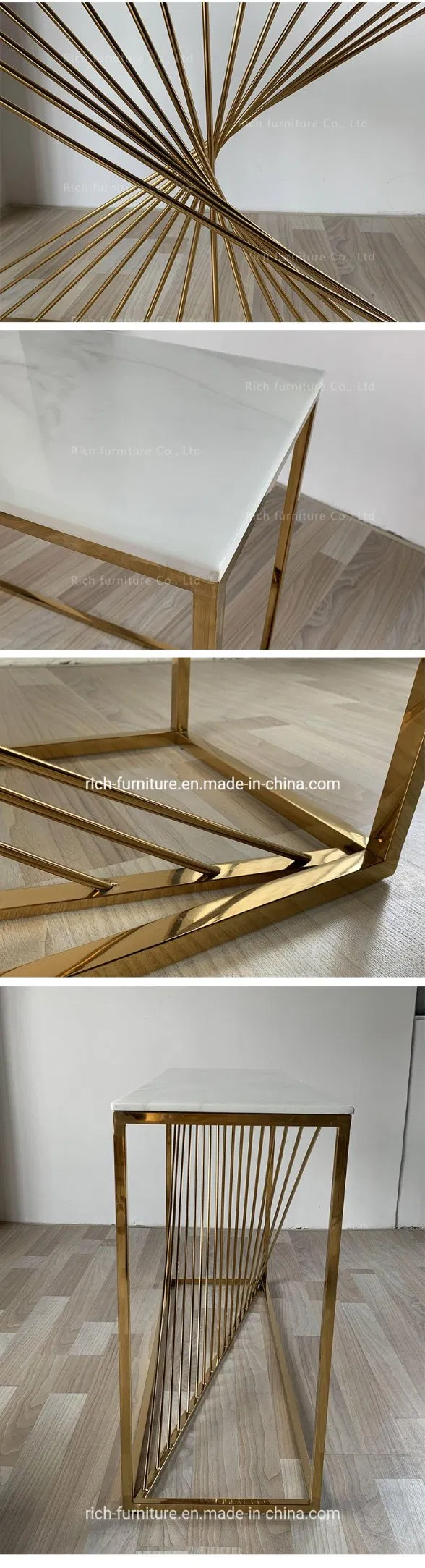 Mesa de Entrada de Mármore Branco com Estrutura de Metal Inoxidável Dourada