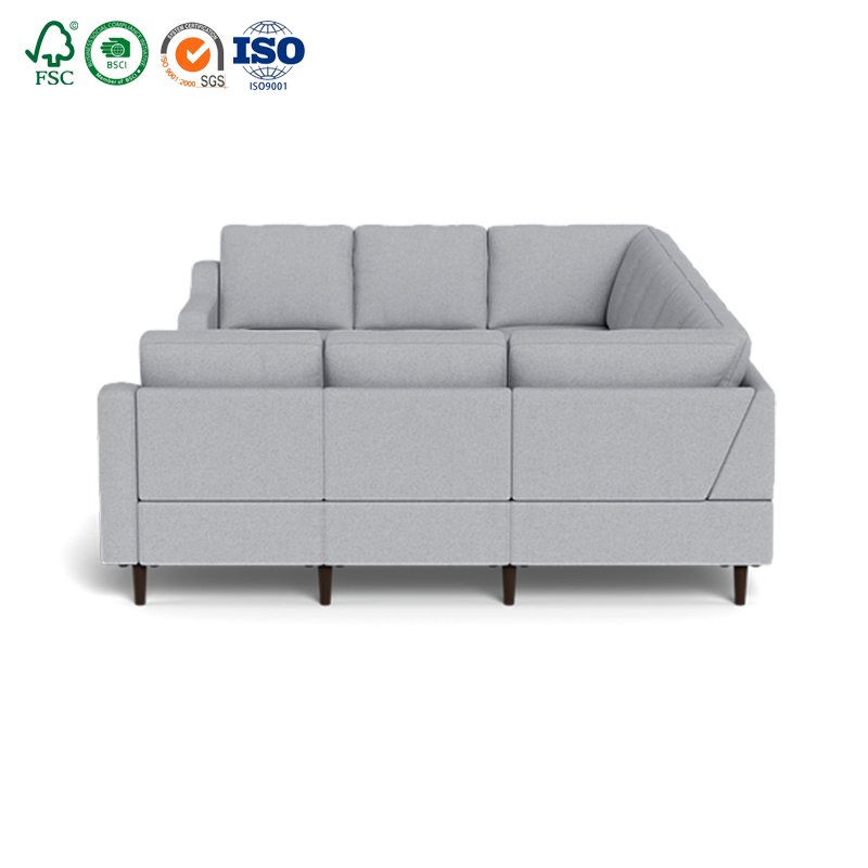 Novo Sofá Seccional em Forma de U Estofado com Penas e Plumas, Cinza Nuvem, com Cama e USB