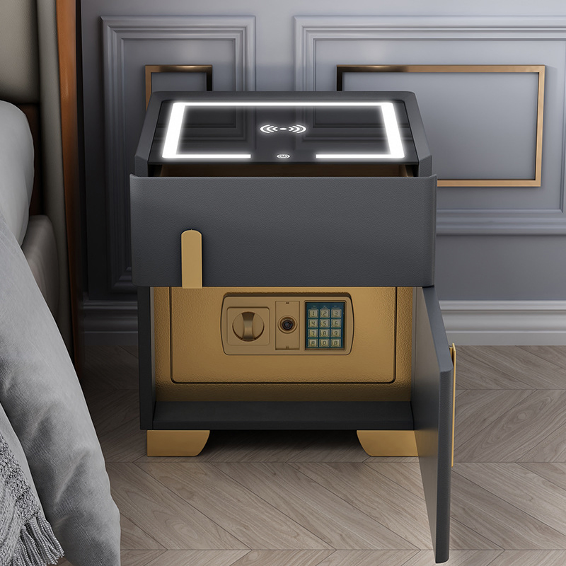 Mesa de cabeceira moderna de luxo em madeira com carregador USB, mesa de cabeceira de couro luxuoso e seguro, mesa de cabeceira inteligente com luz LED e alto-falante