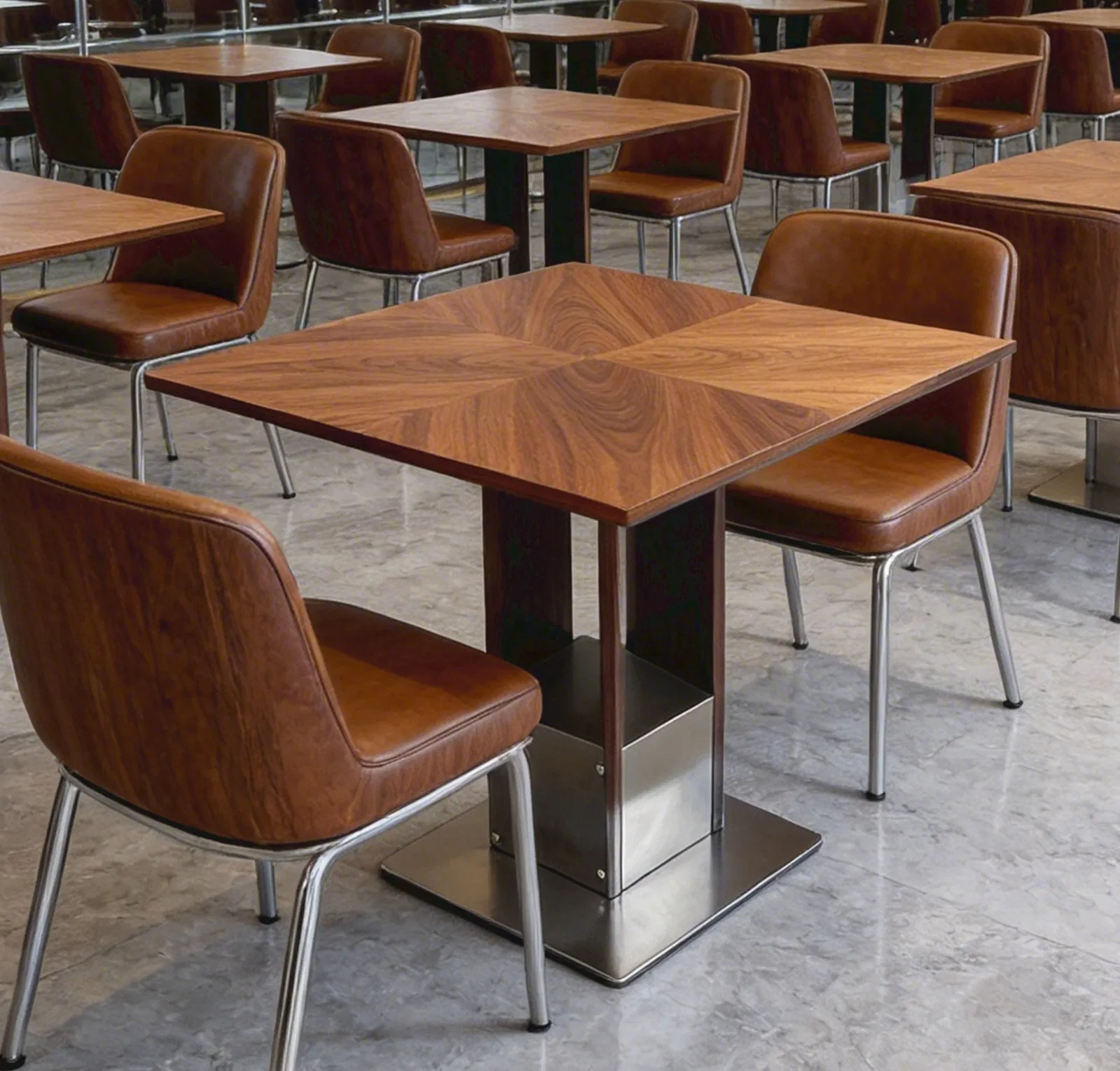 Conjunto de Mesa e Cadeiras de Restaurante em Grão de Noz Luxuoso, Mesa Quadrada de Madeira para Café, Mobiliário de Bistrô com Base Robusta