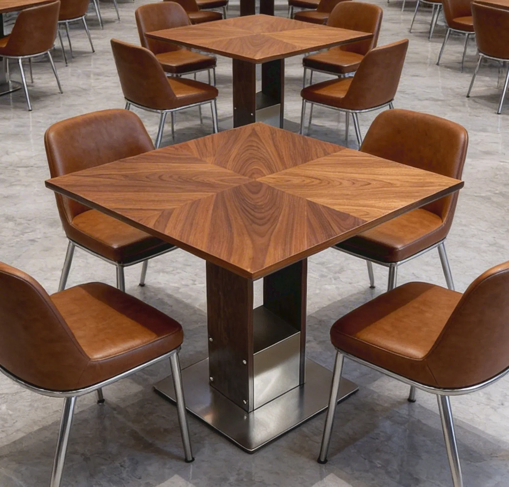 Conjunto de Mesa e Cadeiras de Restaurante em Grão de Noz Luxuoso, Mesa Quadrada de Madeira para Café, Mobiliário de Bistrô com Base Robusta
