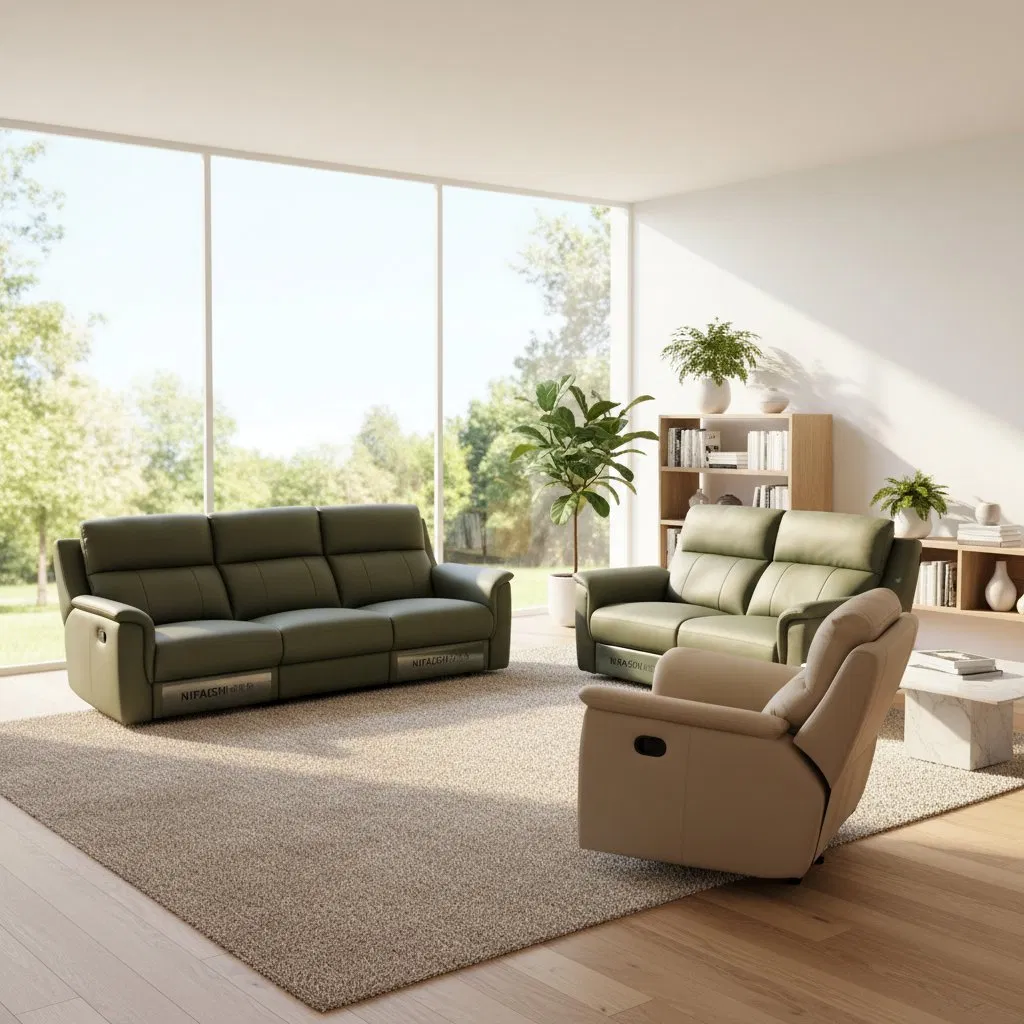 Móveis de Sala de Estar de Luxo 3 2 1 Sofá Reclinado Verde em Couro Genuíno Sofá Seccional Moderno Conjunto de Sofá Recliner Elétrico
