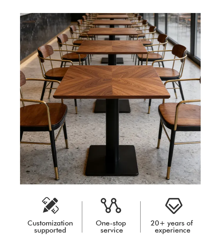 Conjunto de Mesa e Cadeiras de Restaurante em Grão de Noz Luxuoso, Mesa Quadrada de Madeira para Café, Mobiliário de Bistrô com Base Robusta