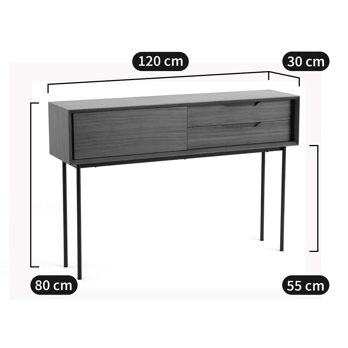 Mesa de Consola Sólida de Madeira Estilo Meio Século com Gavetas e Pernas de Metal para Entrada