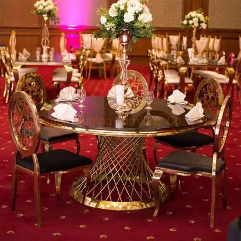 Seis 8 12 Assentos para Pessoas em Torno da Mesa de Casamento e Conjunto de Cadeiras Bliss Mesa de Jantar de Vidro de Mármore Dourada Conjunto de Móveis para Casamento Aluguel de Evento Mesa de Restaurante