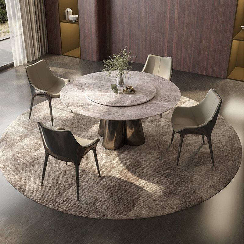 Conjunto de Mesa de Jantar com Tampão de Pedra Sinterizada Branca Redonda e Base de Aço Inoxidável