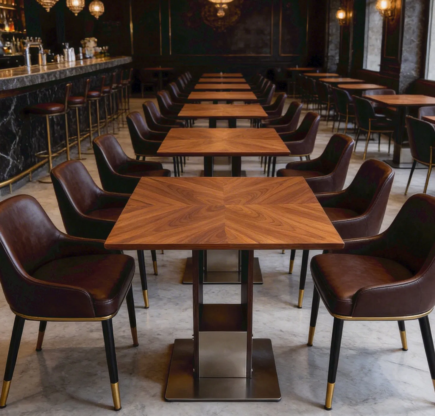 Conjunto de Mesa e Cadeiras de Restaurante em Grão de Noz Luxuoso, Mesa Quadrada de Madeira para Café, Mobiliário de Bistrô com Base Robusta