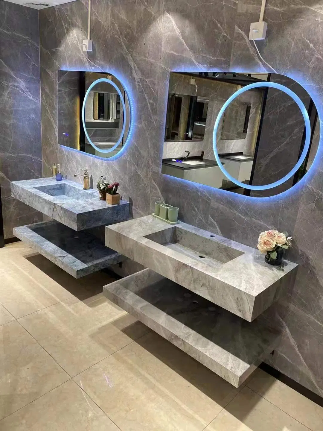 Novo Sinterizado 15mm Tamanho Personalizado Dupla Camada Mármore Sinterizado Pedra Montada na Parede Mobiliário de Hotel Armário de Banheiro Vanity