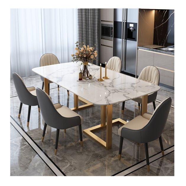 Conjunto de Mesa de Jantar de Luxo Italiana para Sala de Jantar Mesa Quadrada com Topo de Mármore