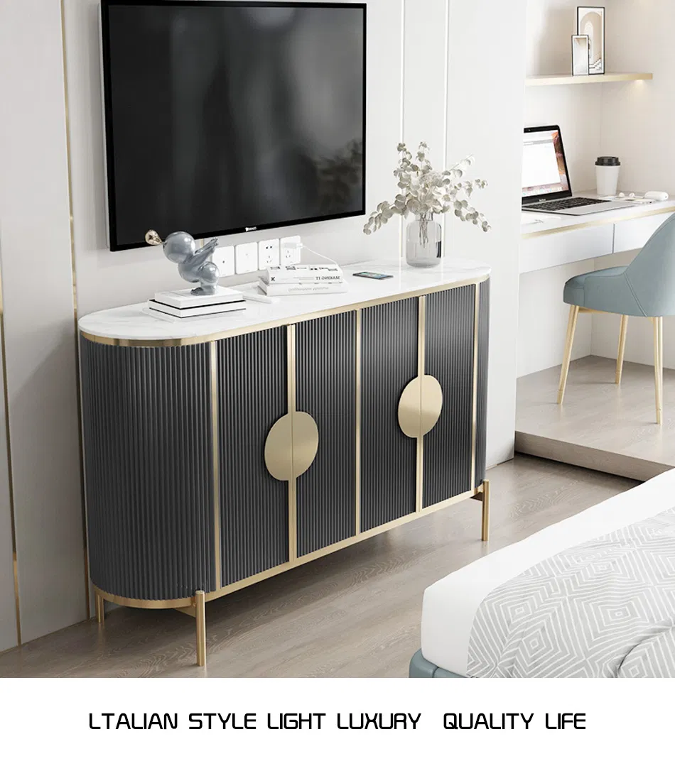 Mesa de console de madeira com design luxuoso, tampo de mármore, aparador com pernas de ouro moderno para sala de estar