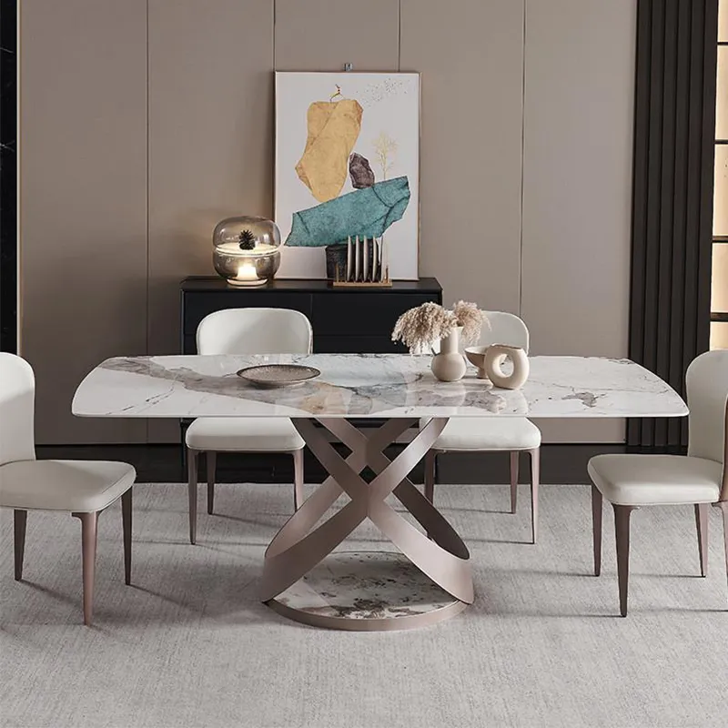 Conjunto de mesas de jantar em mármore Luxury com cadeira em aço inoxidável Base de aço
