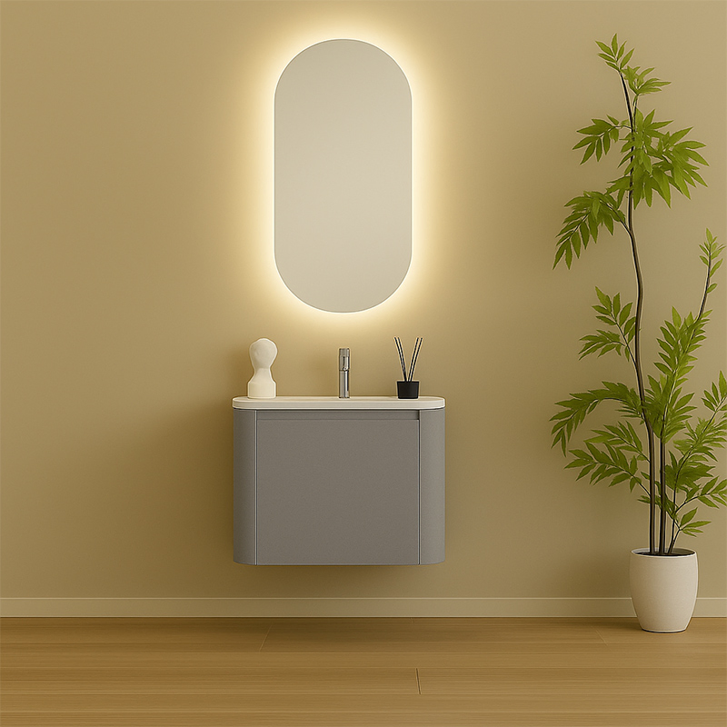 Vanidade de banheiro cinza em PVC com cantos arredondados modernos e espelho oval com LED