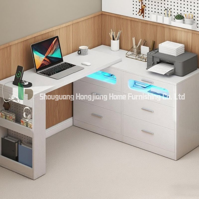 Mesa de Computador em Forma de L Rotativa com Tomadas e Gavetas, Design Minimalista Branco