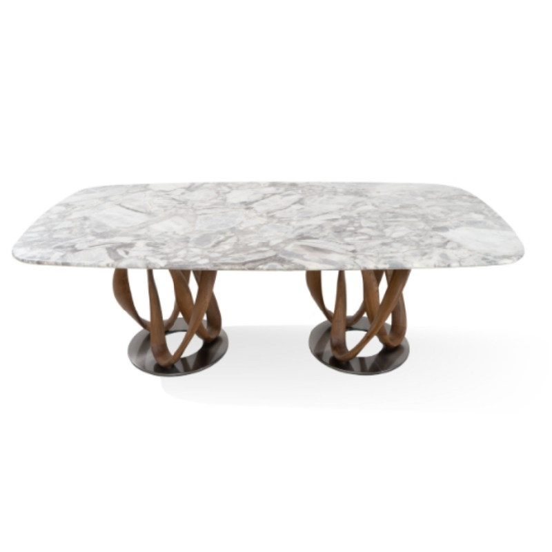Móvel de Casa Contemporânea Elegante Moderno Estiloso Mesa de Jantar com Estrutura de Madeira e Topo de Mármore
