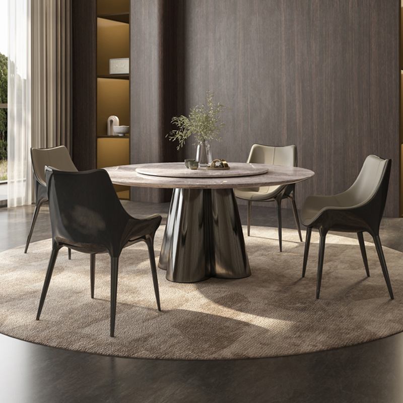 Conjunto de Mesa de Jantar com Tampão de Pedra Sinterizada Branca Redonda e Base de Aço Inoxidável