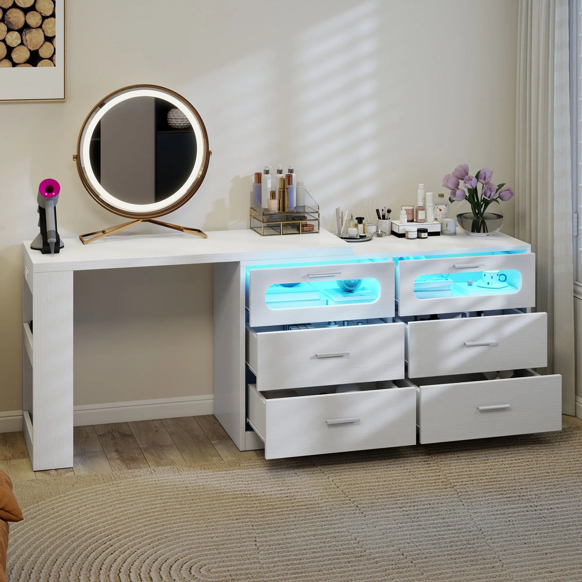 Mesa de Computador em Forma de L Rotativa com Tomadas e Gavetas, Design Minimalista Branco