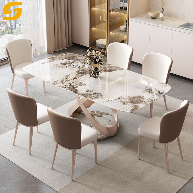 Conjunto de mesas de jantar em mármore Luxury com cadeira em aço inoxidável Base de aço