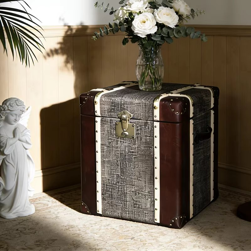 Vintage Industrial Genuine Leather Top Storage Bedside Bedroom Coffee Side Table