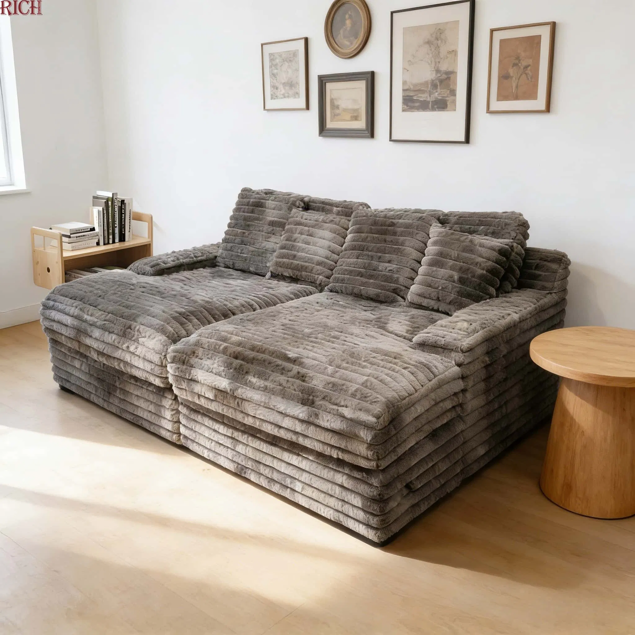 Sofá-cama seccional de veludo modular Villa, tecido macio e peludo para sala de estar