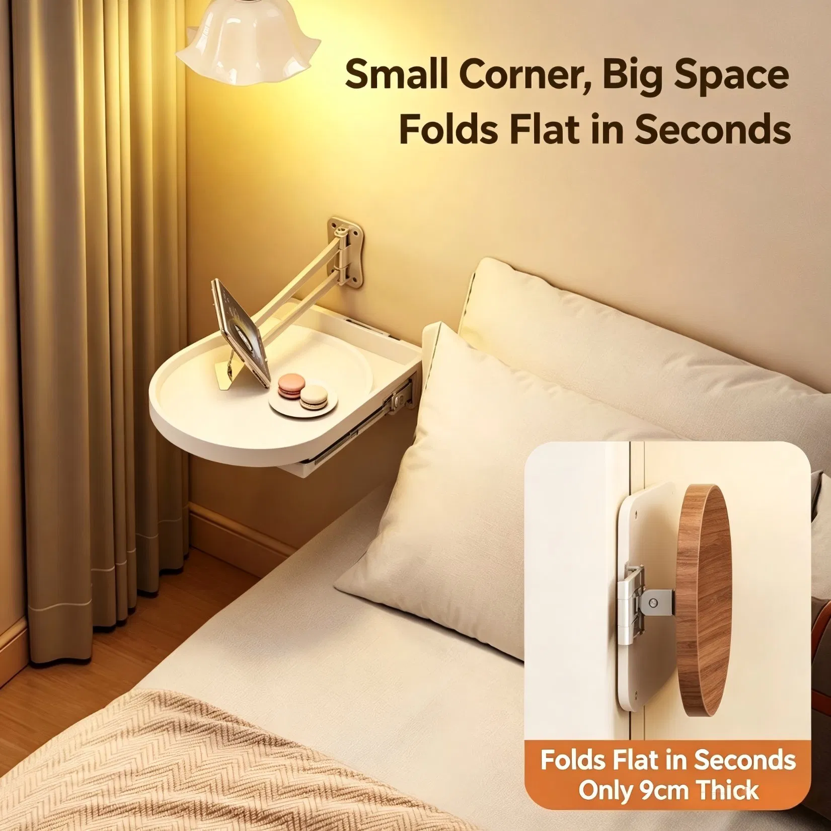 Mesa de cabeceira dobrável moderna flutuante montada na parede, mesa de noite redonda, economizadora de espaço, mesa lateral para quarto, pequena prateleira de parede para móveis domésticos