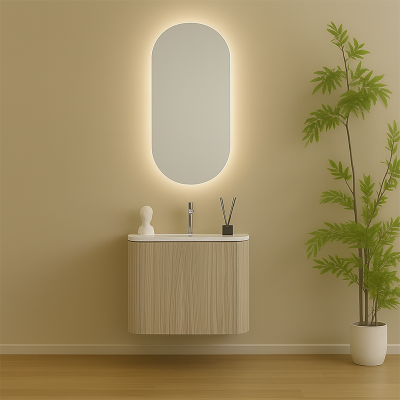 Vanidade de banheiro cinza em PVC com cantos arredondados modernos e espelho oval com LED