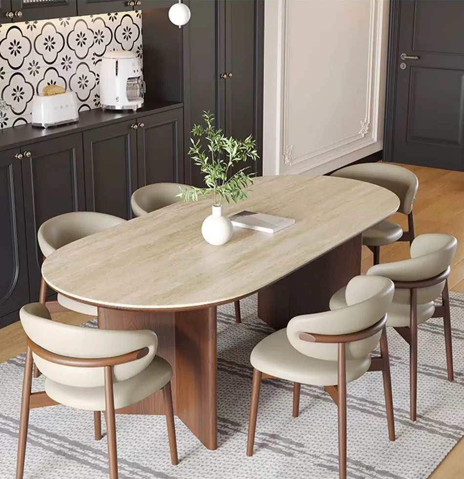 Mesa de Jantar Moderna Escandinava Extensível em Madeira Sólida com Topo de Mármore