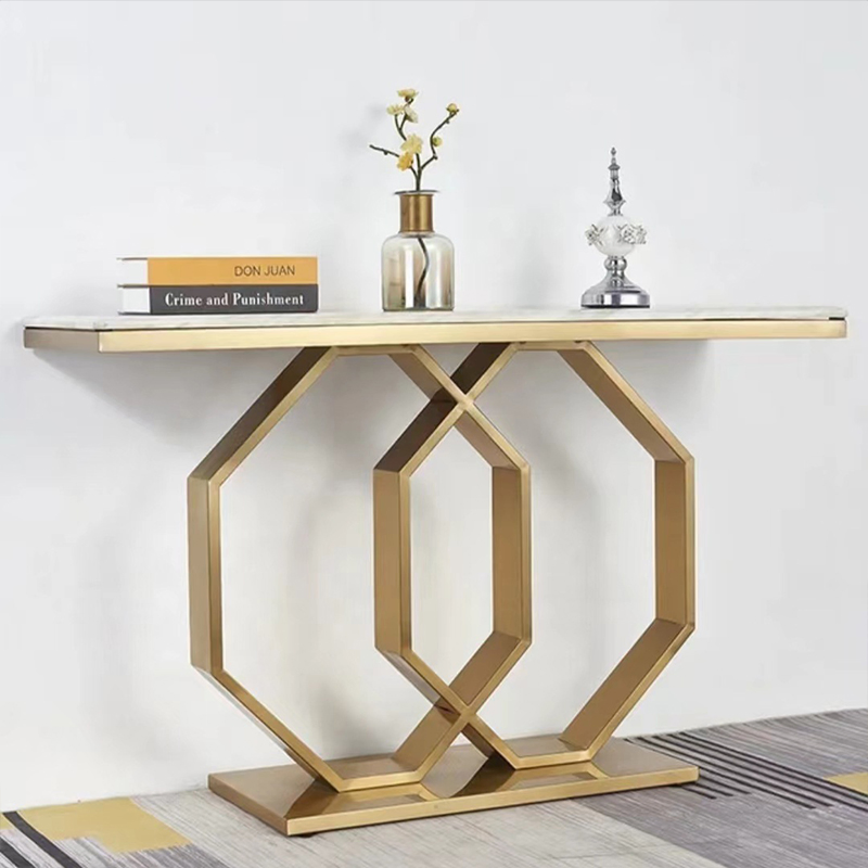 Mesa de Console Longa Grande Quadrada Branca em Mármore Falso com Pernas Altas Douradas para Lobby de Hotel Criativo Minimalista Moderno Italiano de Luxo