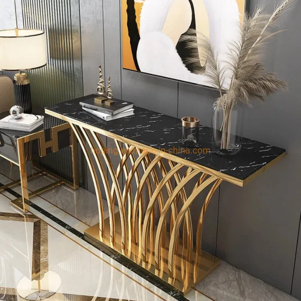 Mesa de console com tampo de mármore e estrutura de aço inoxidável dourado em forma de grama para decoração de corredor de hotel