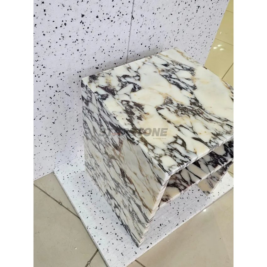 Mesa de Cabeceira de Luxo Starstone em Mármore Calacatta Viola Branca, Mesa Lateral, Plinto