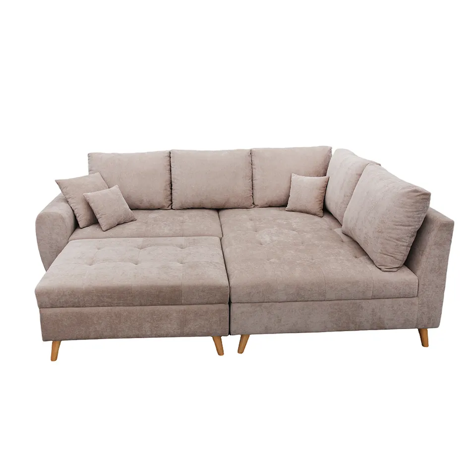 Sofá Cama Seccional Moderno Tamanho Queen para Sala de Estar Sofá de Tecido com Pés de Madeira Sólida