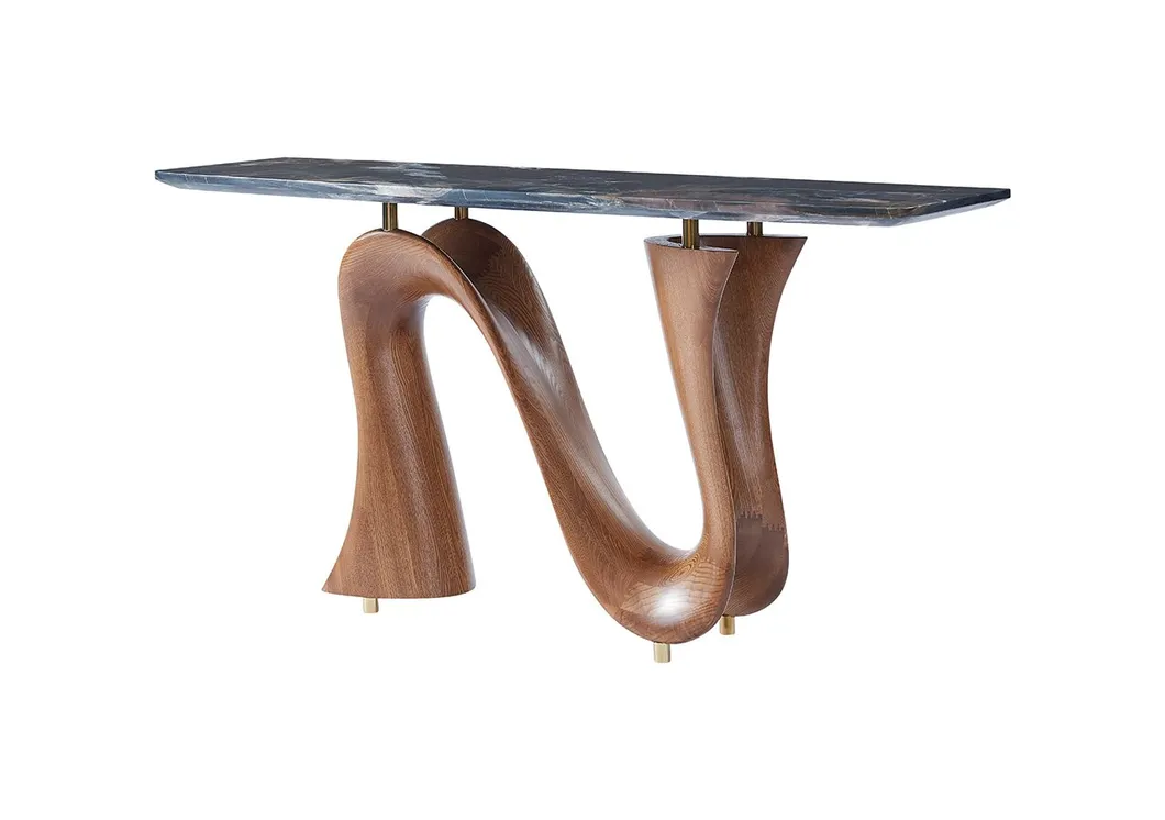 Mesa de Console Prática Elegante de Madeira Sólida com Acabamento em Mármore e Noz para Sala de Jantar e Restaurante