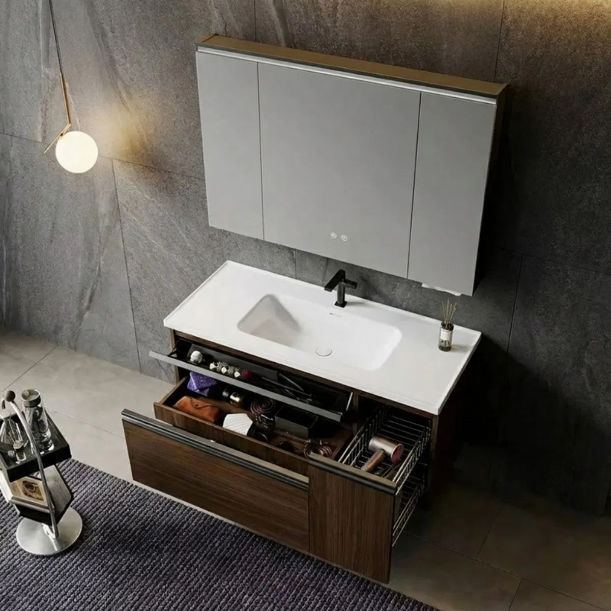 Vanidade de banheiro moderna de luxo estilo italiano montada na parede, venda quente de bacia integrada