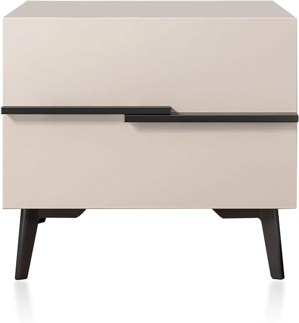Mesa de cabeceira moderna e minimalista com puxadores elegantes e pernas afinadas para armazenamento eficiente