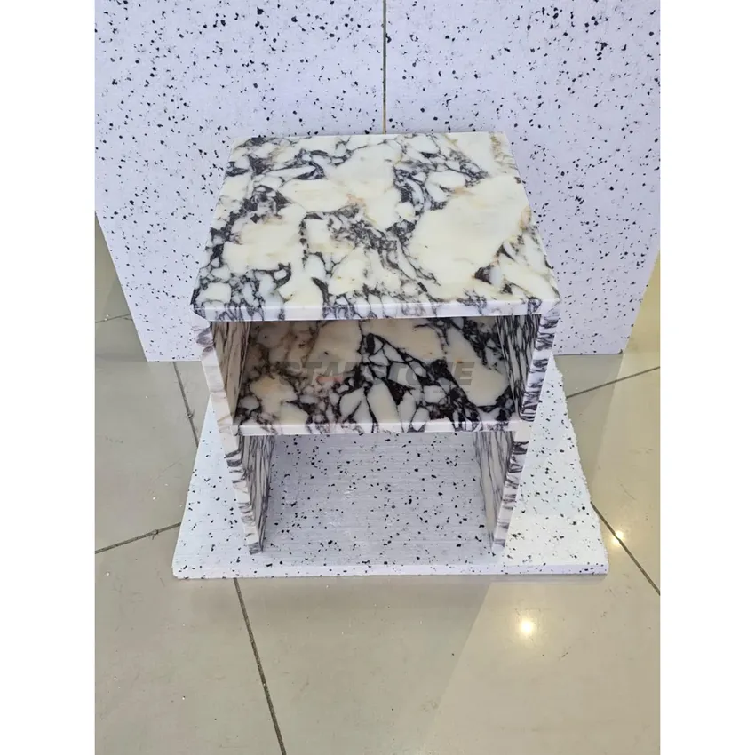 Mesa de Cabeceira de Luxo Starstone em Mármore Calacatta Viola Branca, Mesa Lateral, Plinto