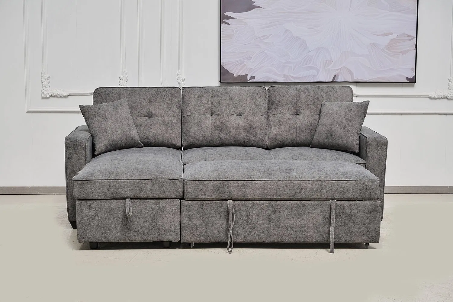 Sofá-cama estofado com chaise de armazenamento, sofá em L